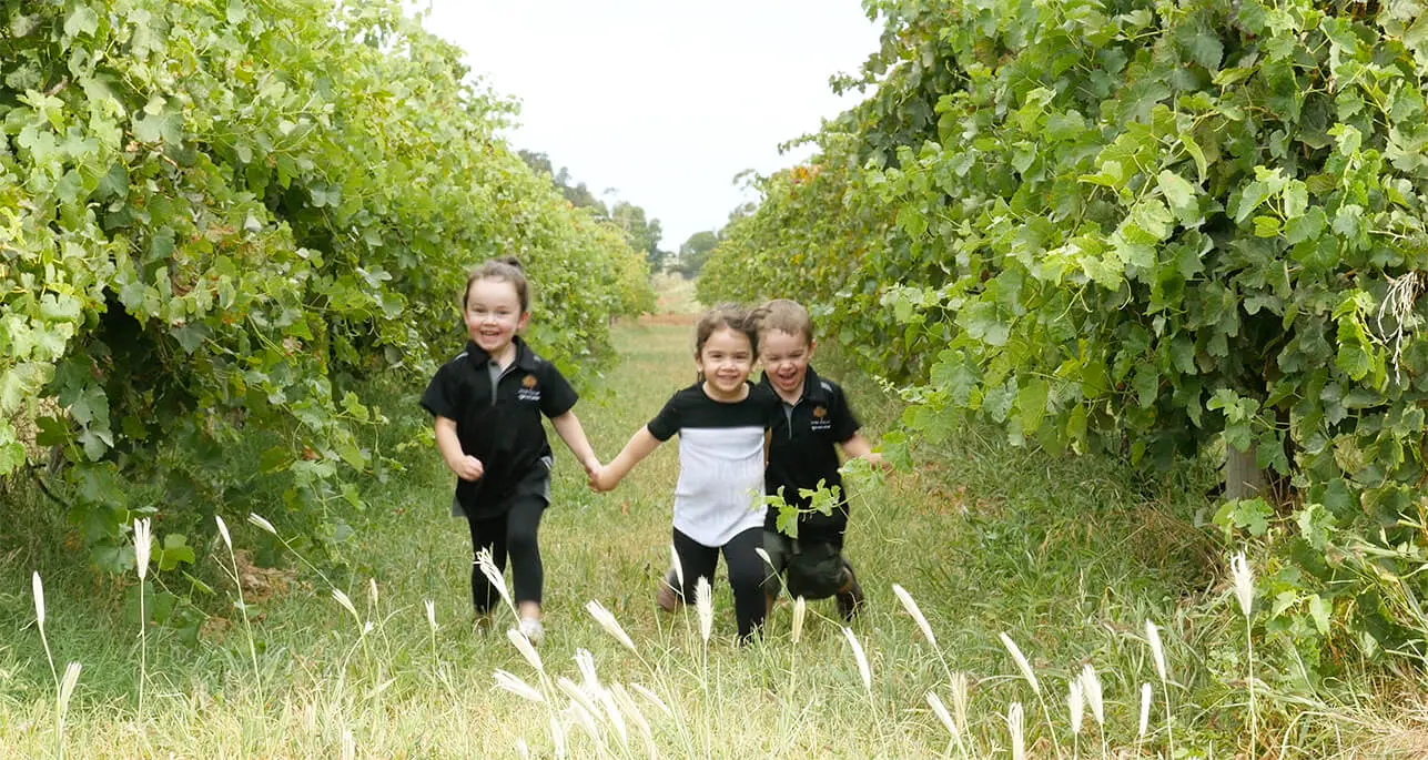 kids running through vineyard